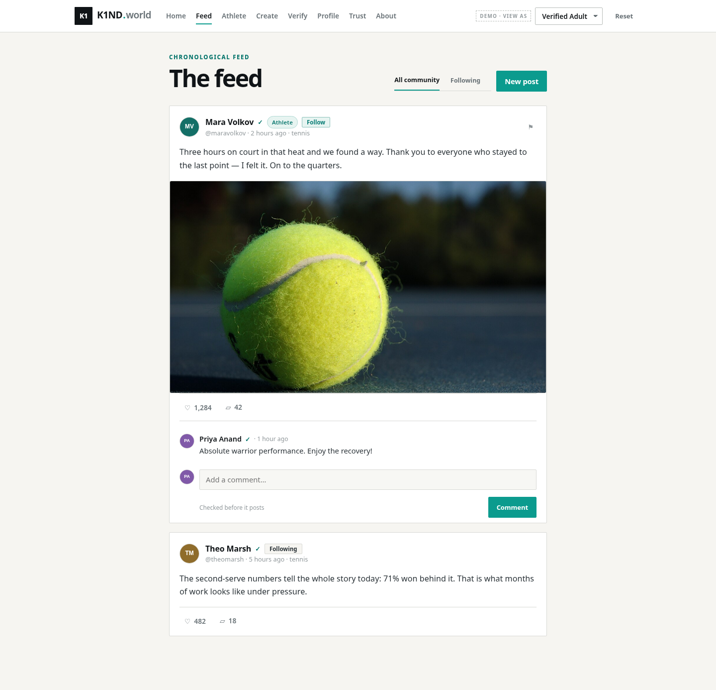 K1ND.world chronological community feed showing a tennis post and checked comments