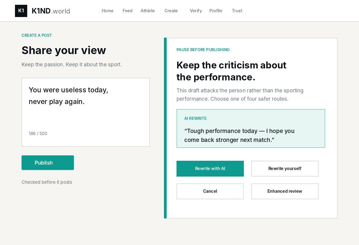 Screenshot of the K1ND.world pre-publication moderation workflow