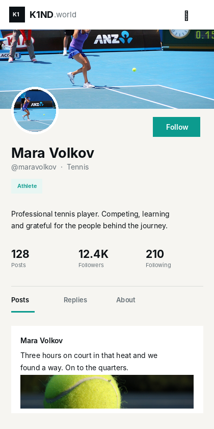 K1ND.world athlete profile on mobile