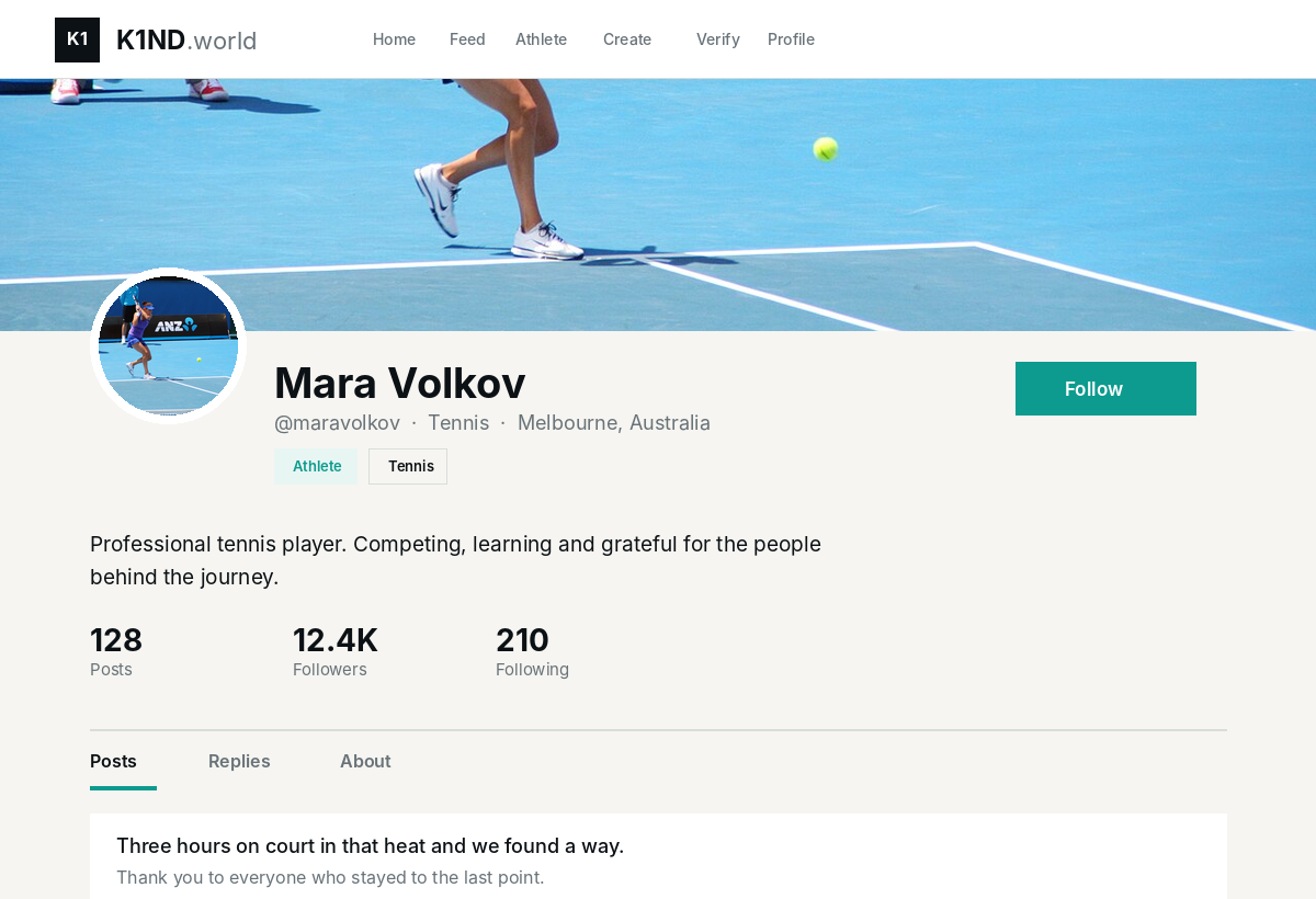 Screenshot of a K1ND.world athlete profile